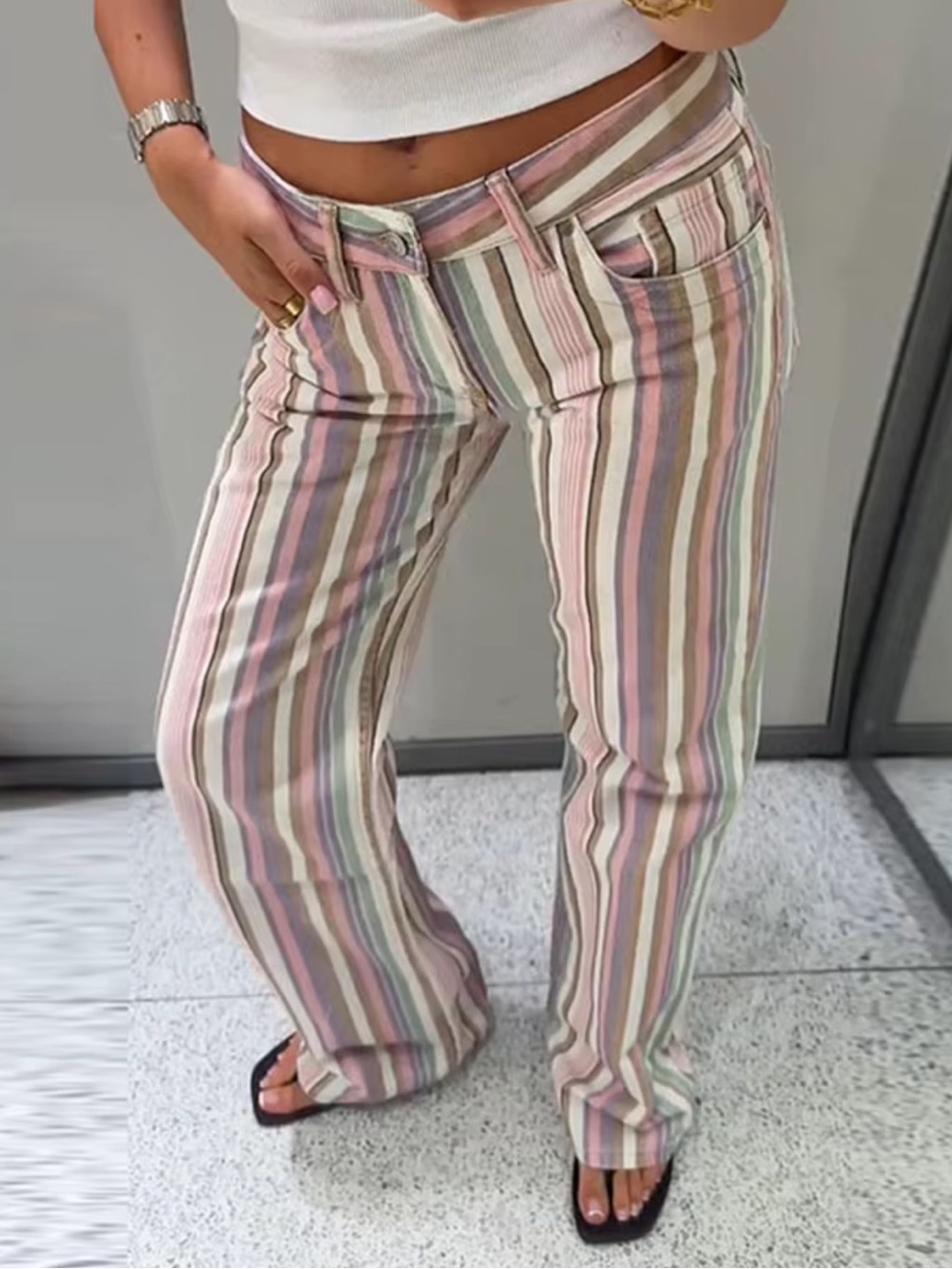 Zara Pastel Striped Straight Leg Jeans — Multicolor